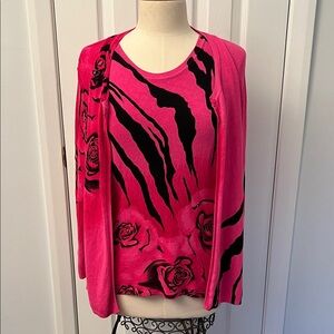Cache’ Twin Set Bright Pink Floral & Stripe